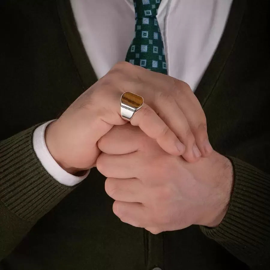 Silver Plain Model Brown Tiger Eye Gemstone Ring